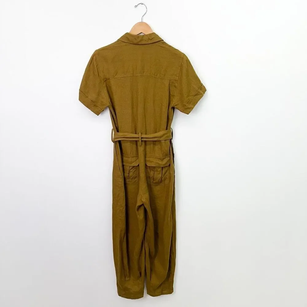 Zara Women’s Deep Mustard Yellow Linen Shortsleeved Tapered Leg Jumpsuit